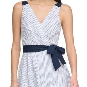 DKNY Womens Striped Wrap Dress With Ruffle Hem & Tie Waist White & Navy Size 6 C